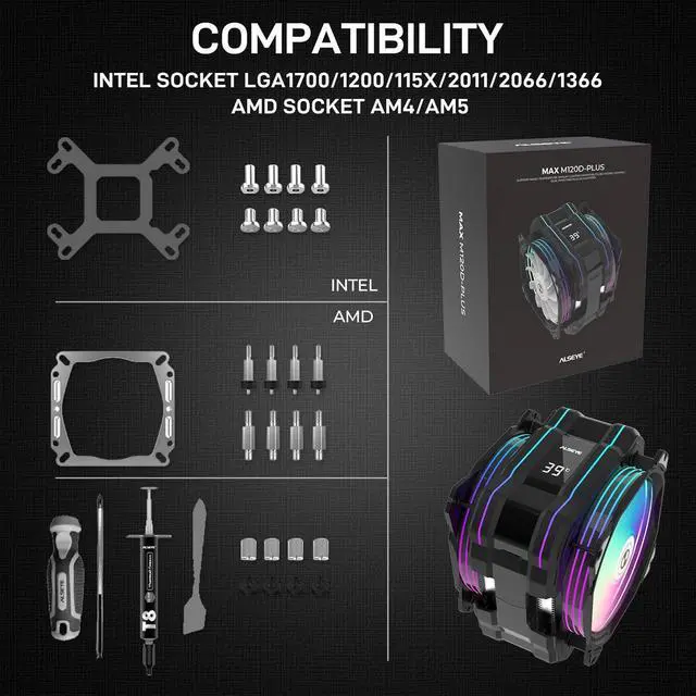 Alt view image 7 of 7 - M120D Plus Black CPU Cooler with Temperature Display, Dual ARGB & PWM Fans, 6 Copper Heat Pipes, Compatible with  LGA1700/1200/115X/2011/2066/1366 and AM4/AM5 (Black)