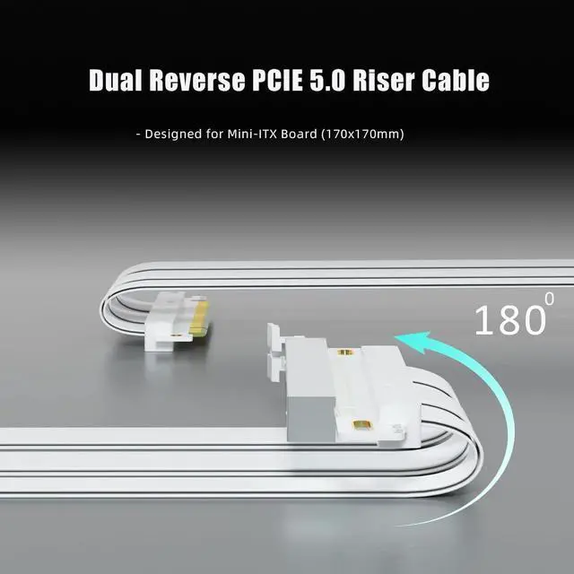 Alt view image 3 of 7 - Double Reverse PCIE 5.0 Riser Cable for Mini-ITX Motherboard (170x170mm) Installation, RTX5090(Ti) RX9070(XT) GPU Ready, Length 185mm, White Color