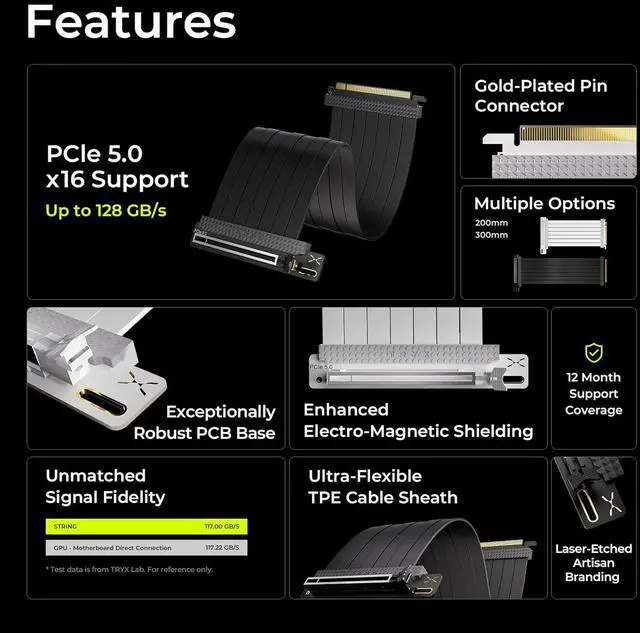 Alt view image 2 of 6 - String PCIe 5.0 Riser Cable 200mm White, 128GB/s Extreme Bandwidth for Vertical GPU Mount, Compatible with PCIe 4.0, Supports RTX4090/5070/5080/5090RX, 9070XT/7900XT