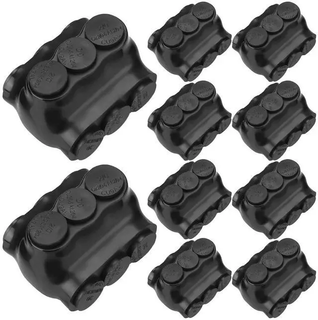 Main image of 10 Pack 3 Port Insulated Wire Connectors Black Multi Aluminum Inline Splice Tap Connector Pre-lled Oxide Inhibitor Dual Sided Entry for Residential Wiring Applications, Ul Listed (2/0-6 AWG)