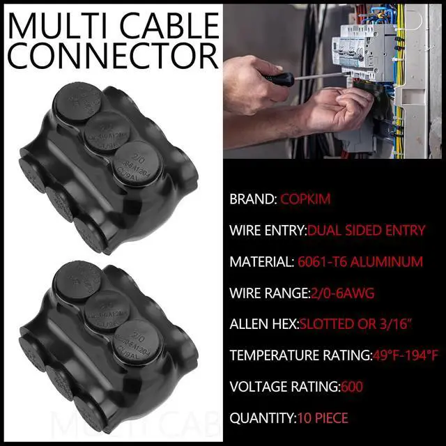 Alt view image 2 of 6 - 10 Pack 3 Port Insulated Wire Connectors Black Multi Aluminum Inline Splice Tap Connector Pre-lled Oxide Inhibitor Dual Sided Entry for Residential Wiring Applications, Ul Listed (2/0-6 AWG)