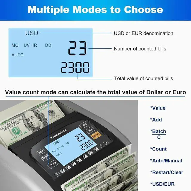 Alt view image 5 of 7 - Money Counter Machine Dollar, Euro, MXN(Plastic Bills) Bill Counter(Can't Count Mixed denominations), UV/MG/IR/DD/DBL/HLF/CHN Counterfeit Detection Money Counter with LCD Display