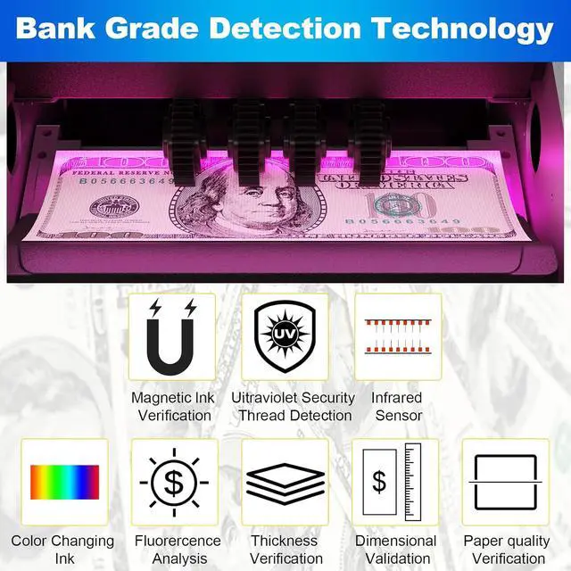 Alt view image 4 of 7 - Money Counter Machine Dollar, Euro, MXN(Plastic Bills) Bill Counter(Can't Count Mixed denominations), UV/MG/IR/DD/DBL/HLF/CHN Counterfeit Detection Money Counter with LCD Display