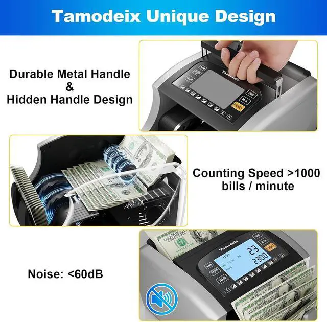 Alt view image 7 of 7 - Money Counter Machine Dollar, Euro, MXN(Plastic Bills) Bill Counter(Can't Count Mixed denominations), UV/MG/IR/DD/DBL/HLF/CHN Counterfeit Detection Money Counter with LCD Display