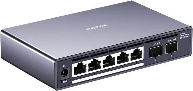 Main image of 7 Port Switch, 5 Port 2.5G PoE Switch, 2 Port 10G SFP+, IEEE802.3af/at, Total Power Supply 100W, Maximum Power per Port 30W, unmanaged, Plug and Play, Compatible with 100/1000/2500Mbps, fanless