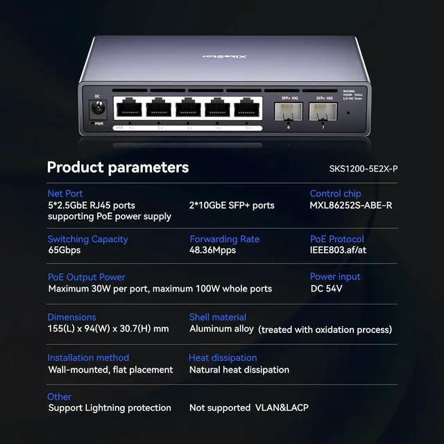 Alt view image 3 of 7 - 7 Port Switch, 5 Port 2.5G PoE Switch, 2 Port 10G SFP+, IEEE802.3af/at, Total Power Supply 100W, Maximum Power per Port 30W, unmanaged, Plug and Play, Compatible with 100/1000/2500Mbps, fanless