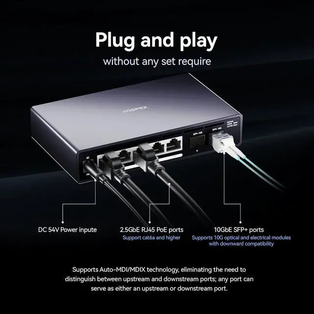 Alt view image 5 of 7 - 7 Port Switch, 5 Port 2.5G PoE Switch, 2 Port 10G SFP+, IEEE802.3af/at, Total Power Supply 100W, Maximum Power per Port 30W, unmanaged, Plug and Play, Compatible with 100/1000/2500Mbps, fanless
