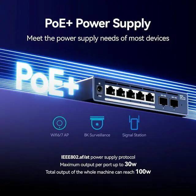 Alt view image 6 of 7 - 7 Port Switch, 5 Port 2.5G PoE Switch, 2 Port 10G SFP+, IEEE802.3af/at, Total Power Supply 100W, Maximum Power per Port 30W, unmanaged, Plug and Play, Compatible with 100/1000/2500Mbps, fanless