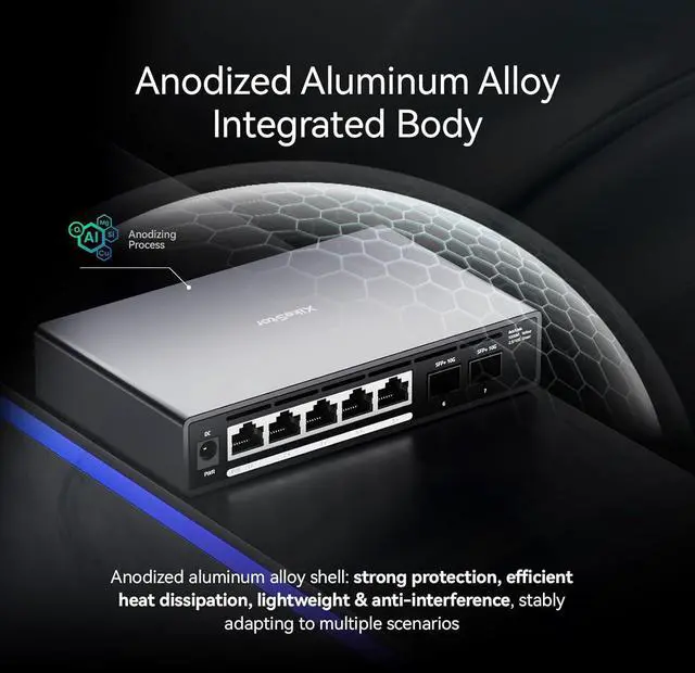 Alt view image 7 of 7 - 7 Port Switch, 5 Port 2.5G PoE Switch, 2 Port 10G SFP+, IEEE802.3af/at, Total Power Supply 100W, Maximum Power per Port 30W, unmanaged, Plug and Play, Compatible with 100/1000/2500Mbps, fanless