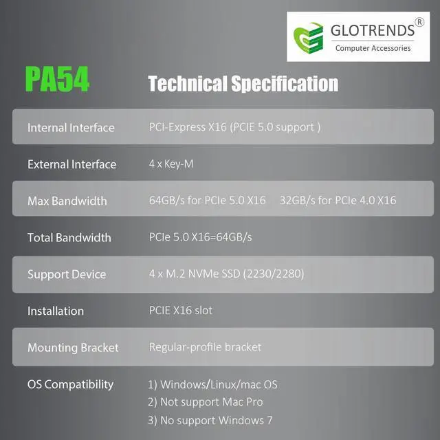 Alt view image 7 of 7 - PA54 Quad M.2 NVMe to PCIe 5.0 X16 Adapter, Up to 512 Gbps for and  Platform RAID Function, Support 2280/2230 Size (PCIe Bifurcation Motherboard is Required)