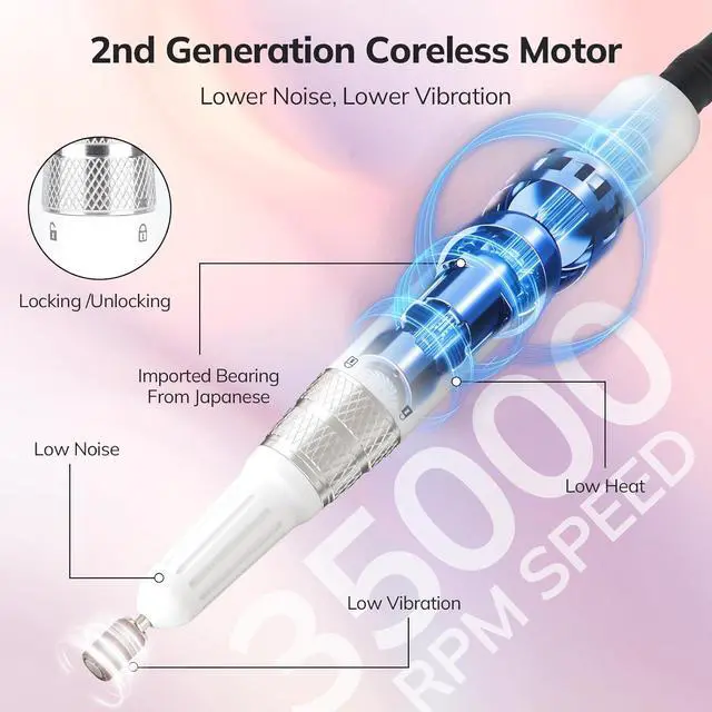 Alt view image 2 of 7 - Professional Nail Drill Machine, 35000RPM Electric Nail le Cordless Rechargeable Nail Ele for Acrylic Gel Nails, Manicure Pedicure Polishing Shape Tools for Salon Home Use-White