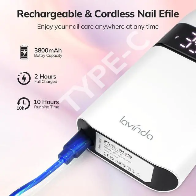 Alt view image 4 of 7 - Professional Nail Drill Machine, 35000RPM Electric Nail le Cordless Rechargeable Nail Ele for Acrylic Gel Nails, Manicure Pedicure Polishing Shape Tools for Salon Home Use-White