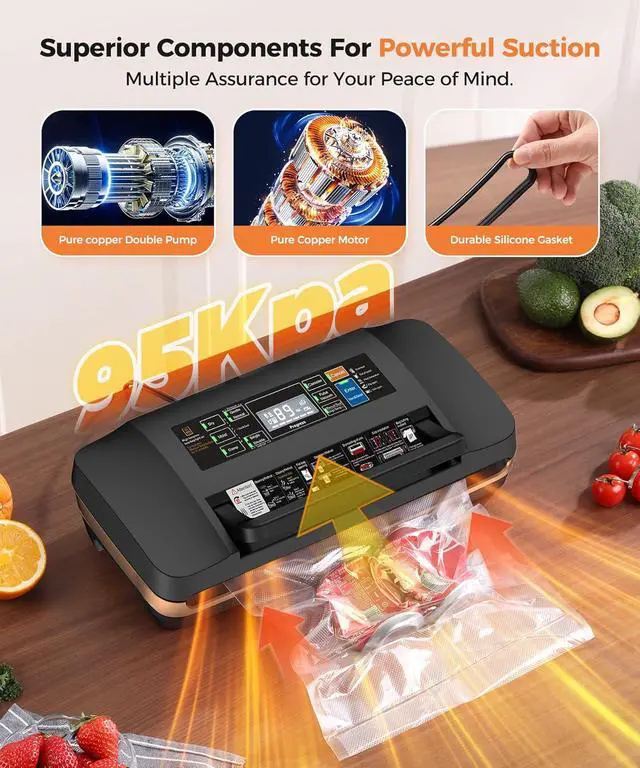 Alt view image 3 of 7 - 95Kpa Powerful Vacuum Sealer Machine, Commercial Full Automatic 10-in-1 Food Saver with Double Heat Seal, Bags Storage, Easy-Lock Handle & Built-in Cutter, Includes 1 Bag Roll & 10 Pre-cut Bags