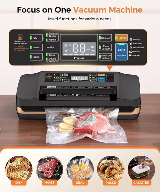 Alt view image 2 of 7 - 95Kpa Powerful Vacuum Sealer Machine, Commercial Full Automatic 10-in-1 Food Saver with Double Heat Seal, Bags Storage, Easy-Lock Handle & Built-in Cutter, Includes 1 Bag Roll & 10 Pre-cut Bags