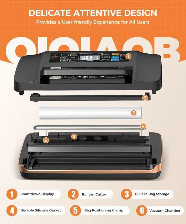 Alt view image 4 of 7 - 95Kpa Powerful Vacuum Sealer Machine, Commercial Full Automatic 10-in-1 Food Saver with Double Heat Seal, Bags Storage, Easy-Lock Handle & Built-in Cutter, Includes 1 Bag Roll & 10 Pre-cut Bags