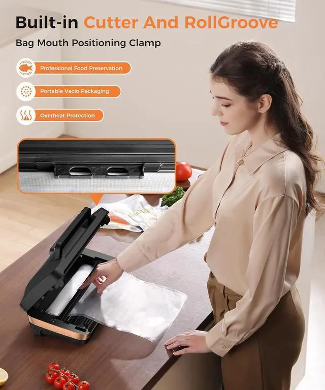 Alt view image 7 of 7 - 95Kpa Powerful Vacuum Sealer Machine, Commercial Full Automatic 10-in-1 Food Saver with Double Heat Seal, Bags Storage, Easy-Lock Handle & Built-in Cutter, Includes 1 Bag Roll & 10 Pre-cut Bags