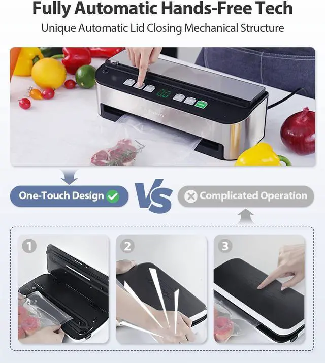 Alt view image 2 of 7 - PressFree TRUE-Auto Vacuum Sealer Machine,  85KPA Fully Automatic 8-IN-1 Food Sealer with Bags Storage, Build-in Cutter, Moist Mode and Air Suction Hose |Sous Vide | Digital Countdown