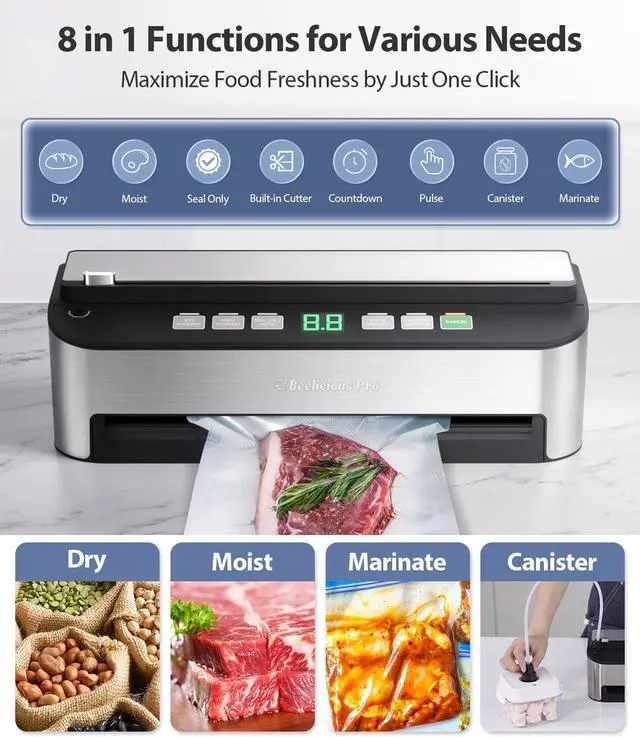 Alt view image 4 of 7 - PressFree TRUE-Auto Vacuum Sealer Machine,  85KPA Fully Automatic 8-IN-1 Food Sealer with Bags Storage, Build-in Cutter, Moist Mode and Air Suction Hose |Sous Vide | Digital Countdown