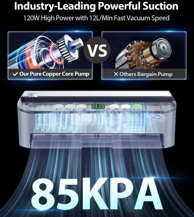 Alt view image 5 of 7 - PressFree TRUE-Auto Vacuum Sealer Machine,  85KPA Fully Automatic 8-IN-1 Food Sealer with Bags Storage, Build-in Cutter, Moist Mode and Air Suction Hose |Sous Vide | Digital Countdown