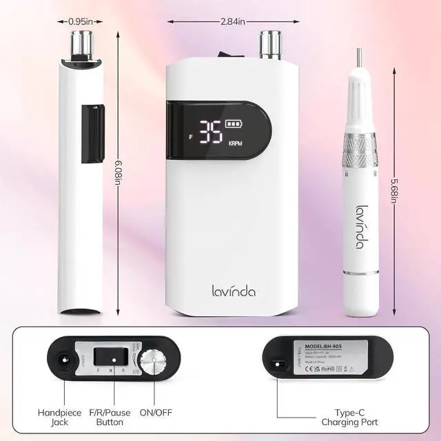 Alt view image 3 of 7 - Professional Nail Drill Machine, 35000RPM Electric Nail le Cordless Rechargeable Nail Ele for Acrylic Gel Nails, Manicure Pedicure Polishing Shape Tools for Salon Home Use-White