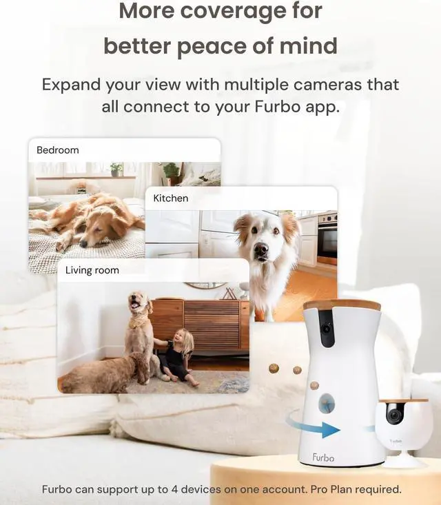Alt view image 3 of 7 - 360° Dog Camera + Mini (2-Camera Bundle Nanny Pro Subscription): Dog Safety & Home Security Alerts, Pet Camera with Speaker, Phone App & Night Vision (New Subscription Needed at Setup)
