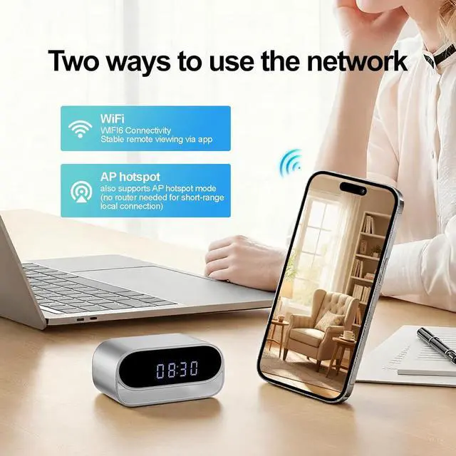 Alt view image 4 of 7 - 4K Clock Camera Mini Wi Cam with Night Vision Wireless Smart Clock Security Pet Monitor Support App Remote & Motion Detection -No Audio
