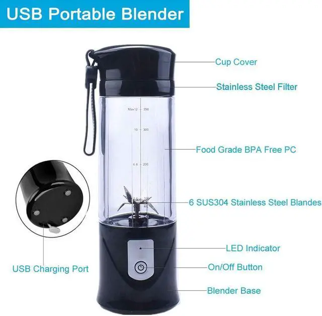 Alt view image 2 of 7 - Portable Blender, Cordless Mini Personal Blender Juicer Cup, Single Serve Fruit Mixer, Small Travel Blender for Shakes and Smoothies, with 4000mAh USB Rechargeable Battery, 420ml, BPA-Free (Black)