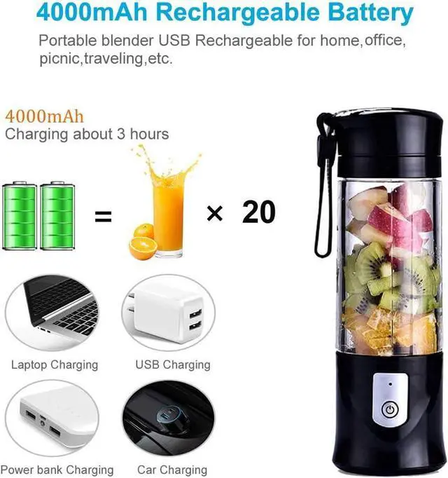 Alt view image 4 of 7 - Portable Blender, Cordless Mini Personal Blender Juicer Cup, Single Serve Fruit Mixer, Small Travel Blender for Shakes and Smoothies, with 4000mAh USB Rechargeable Battery, 420ml, BPA-Free (Black)