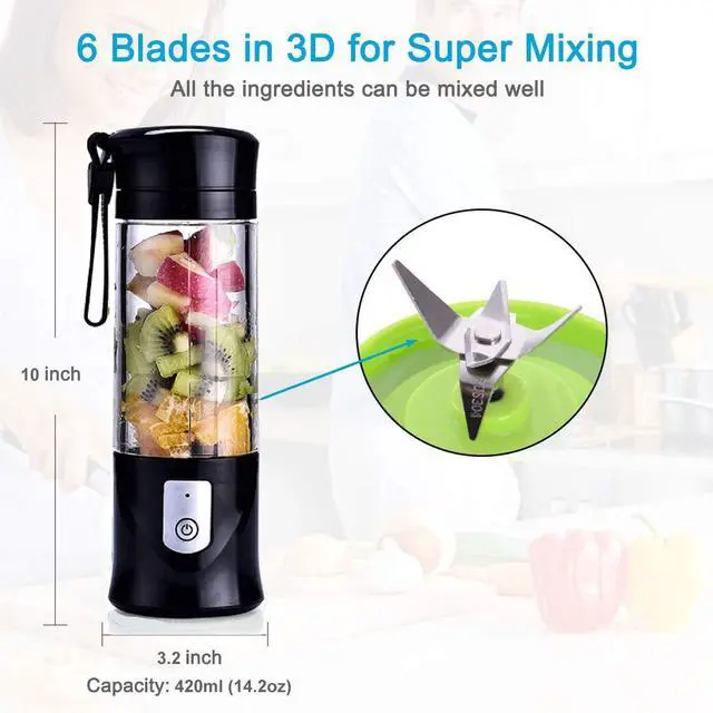 Alt view image 6 of 7 - Portable Blender, Cordless Mini Personal Blender Juicer Cup, Single Serve Fruit Mixer, Small Travel Blender for Shakes and Smoothies, with 4000mAh USB Rechargeable Battery, 420ml, BPA-Free (Black)