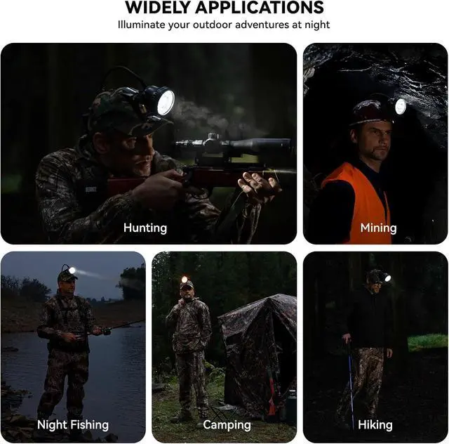 Alt view image 7 of 7 - 10W LED Coon Hunting Lights for Prer Coyote Hog, 55000 LUX Super Bright Hunting Headlamp Rechargeable, IPX5 Waterproof White Light & Red/Green Optical lters, 5 Position Switch Soft Cap