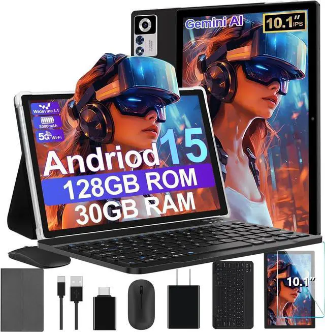 Main image of 2025 Android 15 Tablet with Keyboard | Gemini AI, 30GB+128GB Octa-Core Electronics Tablets w/ 10 Inch IPS HD Display, 8000mAh, 5G Wi, 1TB Expand, Mouse+Case, BT 5.0, Widevine L1, Metal Body -Black