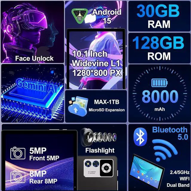 Alt view image 2 of 7 - 2025 Android 15 Tablet with Keyboard | Gemini AI, 30GB+128GB Octa-Core Electronics Tablets w/ 10 Inch IPS HD Display, 8000mAh, 5G Wi, 1TB Expand, Mouse+Case, BT 5.0, Widevine L1, Metal Body -Black