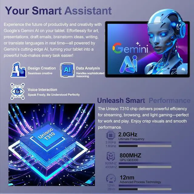 Alt view image 3 of 7 - 2025 Android 15 Tablet with Keyboard | Gemini AI, 30GB+128GB Octa-Core Electronics Tablets w/ 10 Inch IPS HD Display, 8000mAh, 5G Wi, 1TB Expand, Mouse+Case, BT 5.0, Widevine L1, Metal Body -Black