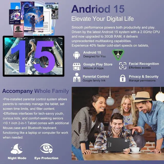 Alt view image 4 of 7 - 2025 Android 15 Tablet with Keyboard | Gemini AI, 30GB+128GB Octa-Core Electronics Tablets w/ 10 Inch IPS HD Display, 8000mAh, 5G Wi, 1TB Expand, Mouse+Case, BT 5.0, Widevine L1, Metal Body -Black