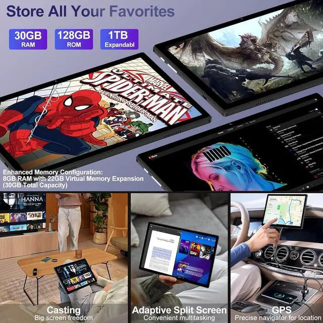 Alt view image 6 of 7 - 2025 Android 15 Tablet with Keyboard | Gemini AI, 30GB+128GB Octa-Core Electronics Tablets w/ 10 Inch IPS HD Display, 8000mAh, 5G Wi, 1TB Expand, Mouse+Case, BT 5.0, Widevine L1, Metal Body -Black