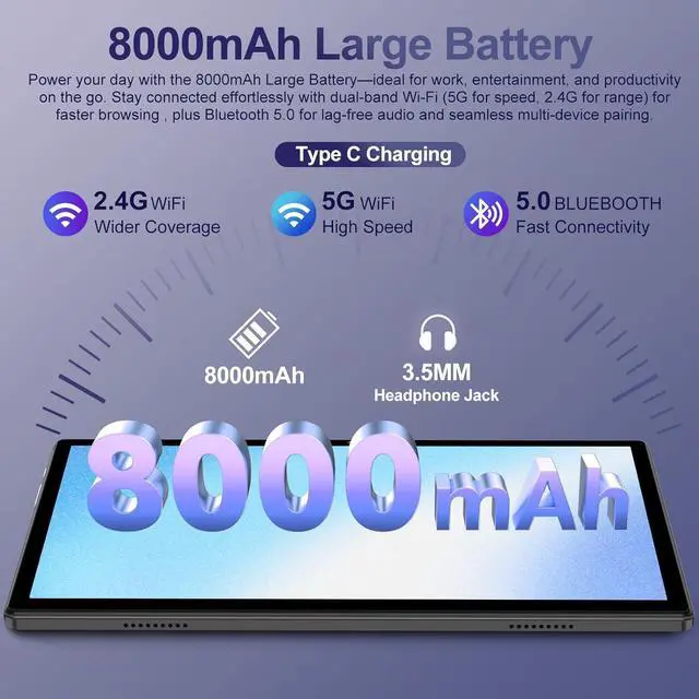 Alt view image 7 of 7 - 2025 Android 15 Tablet with Keyboard | Gemini AI, 30GB+128GB Octa-Core Electronics Tablets w/ 10 Inch IPS HD Display, 8000mAh, 5G Wi, 1TB Expand, Mouse+Case, BT 5.0, Widevine L1, Metal Body -Black