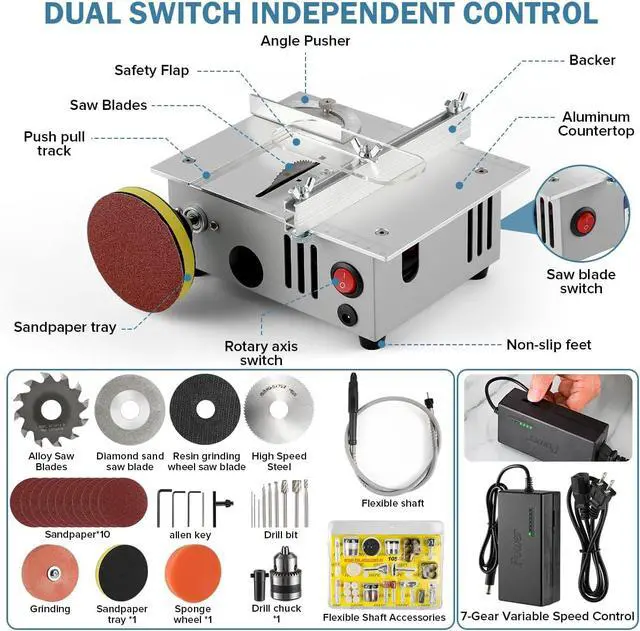 Alt view image 7 of 7 - Mini table Saw,mini Table Saws for Crafts, Mini Multi Functional Table Saw, Dual-motor control for cutting, grinding,engraving and drilling.Speed & Angle Adjustable,for Wood/PCB/Acrylic/Plastic