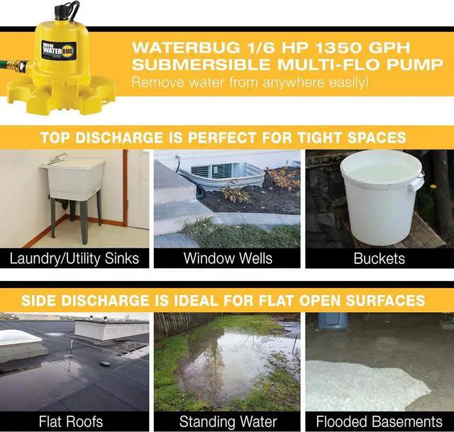Alt view image 5 of 7 - - WaterBUG 1/6 1350 GPH Submersible Pump with Multi-Flo Technology - Water Removal and Transfer Pump, Yellow