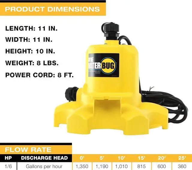 Alt view image 7 of 7 - - WaterBUG 1/6 1350 GPH Submersible Pump with Multi-Flo Technology - Water Removal and Transfer Pump, Yellow