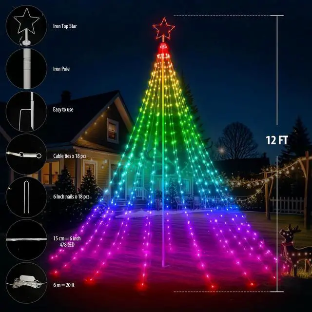 Alt view image 2 of 7 - 12FT Outdoor Christmas Tree Lights with Iron Pole, 468 LED RGB Color Changing, APP and Remote Control, IP65 Waterproof, 85+ Lighting Modes for Yard Holiday Xmas Party Outside rations