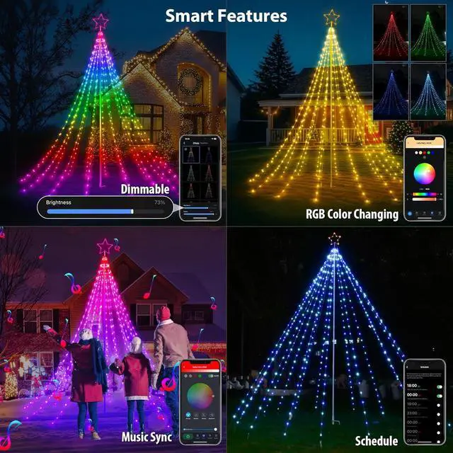Alt view image 7 of 7 - 12FT Outdoor Christmas Tree Lights with Iron Pole, 468 LED RGB Color Changing, APP and Remote Control, IP65 Waterproof, 85+ Lighting Modes for Yard Holiday Xmas Party Outside rations