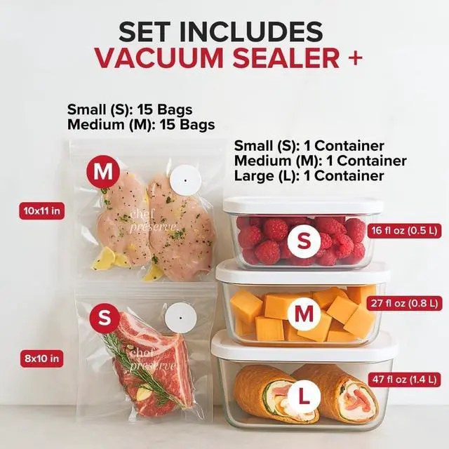 Alt view image 2 of 7 - Compact Vacuum Sealer for Food (Vacuum Sealer Machine + 3 Glass Vacuum Containers + 30 Reusable Vacuum Bags) Powerful Handheld Vacuum Seal Machine, Seal Meal Saver, Portable Food Sealer