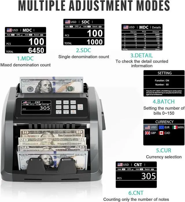 Alt view image 3 of 7 - [Upgrade] 2025  Mixed Denomination Money Counter Machine, Value Counting, UV/MG/IR/DD Counterfeit Detection, 3.5" TFT Display Cash Counting Machine, Printer Enabled Bill Counter for Business