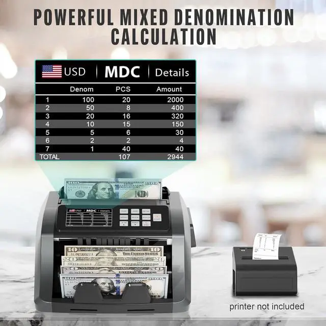 Alt view image 4 of 7 - [Upgrade] 2025  Mixed Denomination Money Counter Machine, Value Counting, UV/MG/IR/DD Counterfeit Detection, 3.5" TFT Display Cash Counting Machine, Printer Enabled Bill Counter for Business
