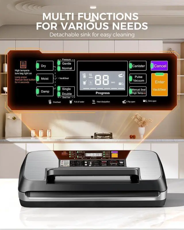 Alt view image 2 of 6 - 95KPA Commercial Vacuum Sealer Machine, Fully Automatic Food Sealer with Built-in Cutter for Sous Vide, Meal Prep - Includes 10 Pre-Cut Bags, Bag Rolls, Hose & Starter Kit Black Silver