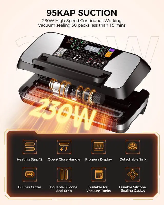 Alt view image 4 of 6 - 95KPA Commercial Vacuum Sealer Machine, Fully Automatic Food Sealer with Built-in Cutter for Sous Vide, Meal Prep - Includes 10 Pre-Cut Bags, Bag Rolls, Hose & Starter Kit Black Silver