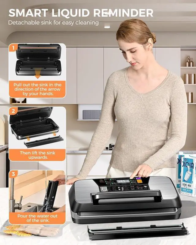 Alt view image 5 of 6 - 95KPA Commercial Vacuum Sealer Machine, Fully Automatic Food Sealer with Built-in Cutter for Sous Vide, Meal Prep - Includes 10 Pre-Cut Bags, Bag Rolls, Hose & Starter Kit Black Silver