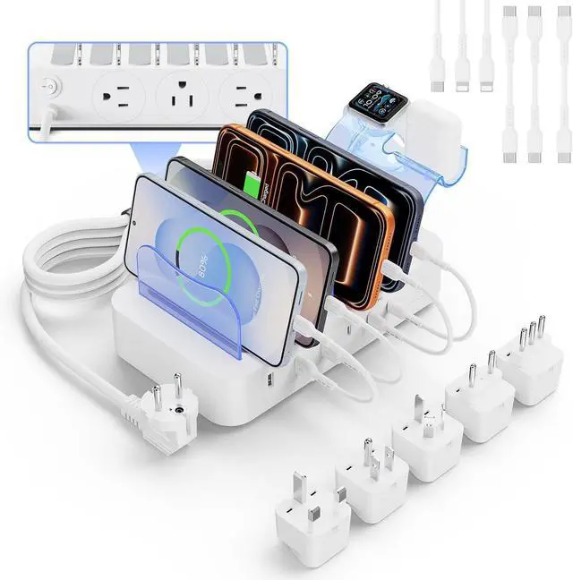 Main image of 60W Charging Station for Multiple Devices, 6 Port European Travel Adapter with 3 AC Outlets, 3 USB C, 3USB A, 6ft tension Cord, 6 Mix Caes, 5 Travel Plug Converter for US to EU/UK/AU/IT