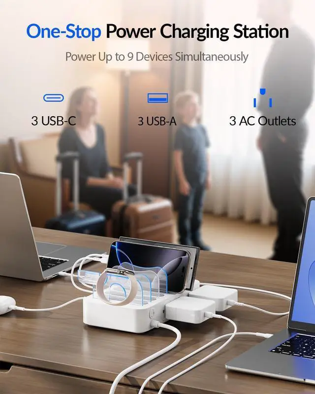 Alt view image 2 of 7 - 60W Charging Station for Multiple Devices, 6 Port European Travel Adapter with 3 AC Outlets, 3 USB C, 3USB A, 6ft tension Cord, 6 Mix Caes, 5 Travel Plug Converter for US to EU/UK/AU/IT