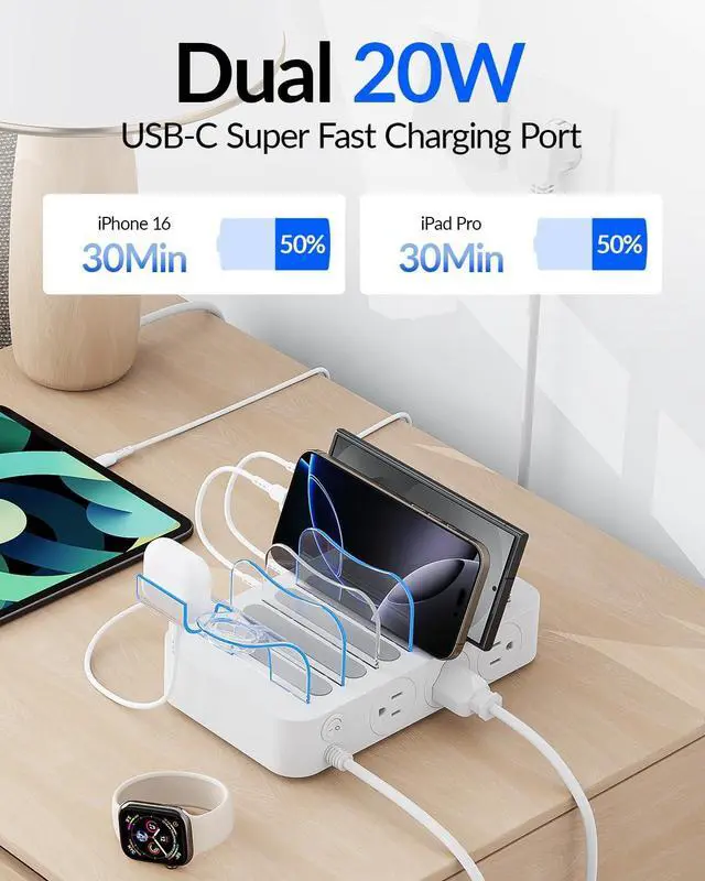 Alt view image 4 of 7 - 60W Charging Station for Multiple Devices, 6 Port European Travel Adapter with 3 AC Outlets, 3 USB C, 3USB A, 6ft tension Cord, 6 Mix Caes, 5 Travel Plug Converter for US to EU/UK/AU/IT